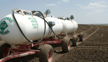 anhydrous ammonia tanks in newly planted wheat field