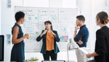 People brainstorming in front of a whiteboard