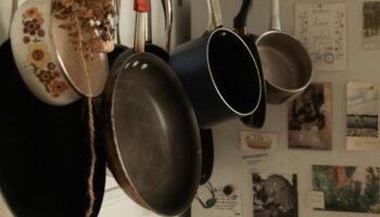 Nonstick pans hanging in the kitchen