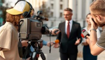 Camera crew filming a news anchor