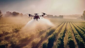 Drone spraying crops in an example of precision farming